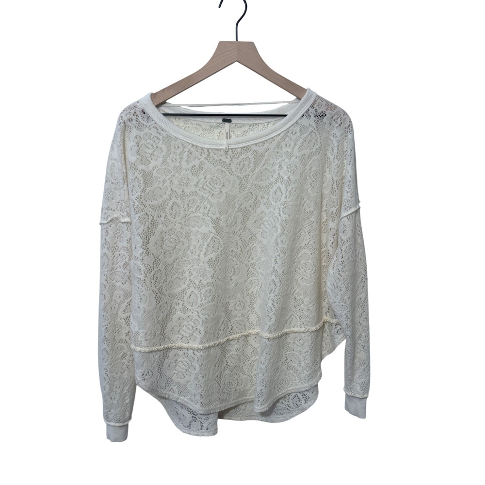 Free People Not Good in This Lace Oversized Sheer Floral Lace Top Ivory Small
